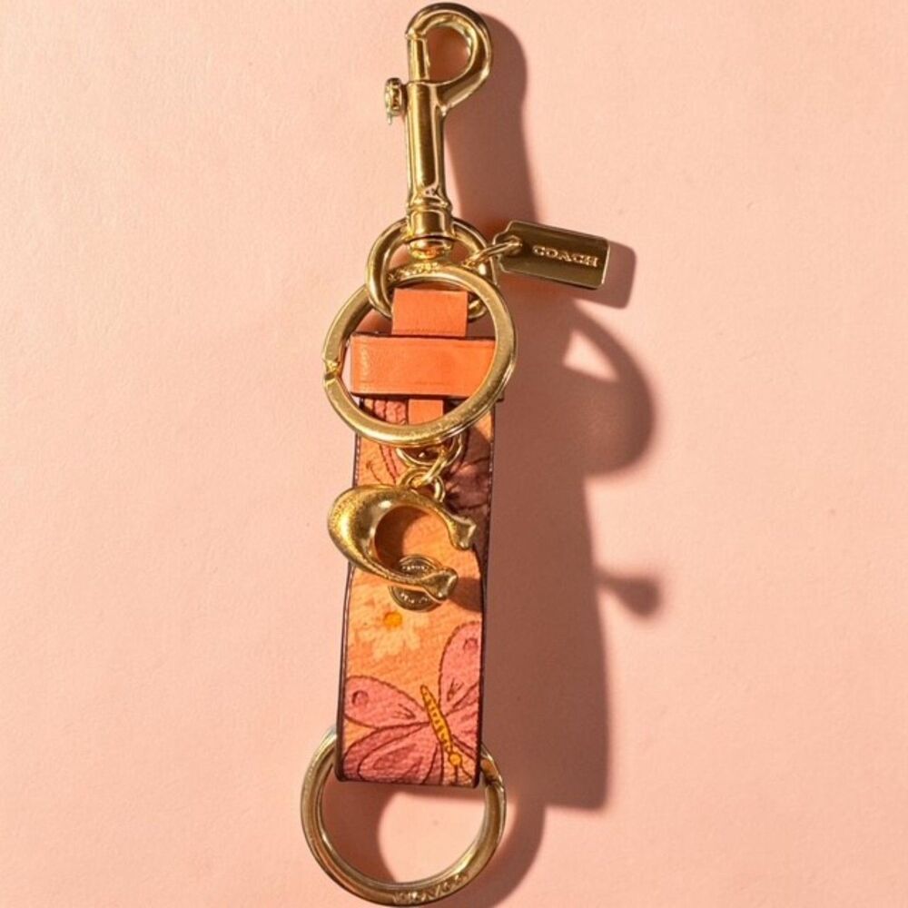 COACH Butterfly Trigger Snap Bag Charm Loop Key Fob Gold Orange Pink CH856 EUC
